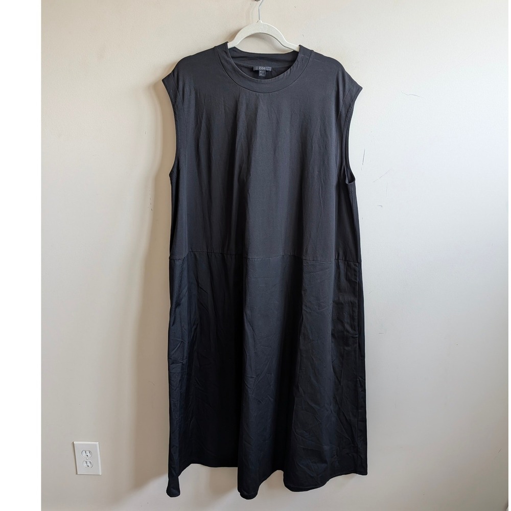 COS Black Mixed Media Sleeveless Midi Dress Cotton Jersey Poplin L 0732964 9 - Picture 2 of 7